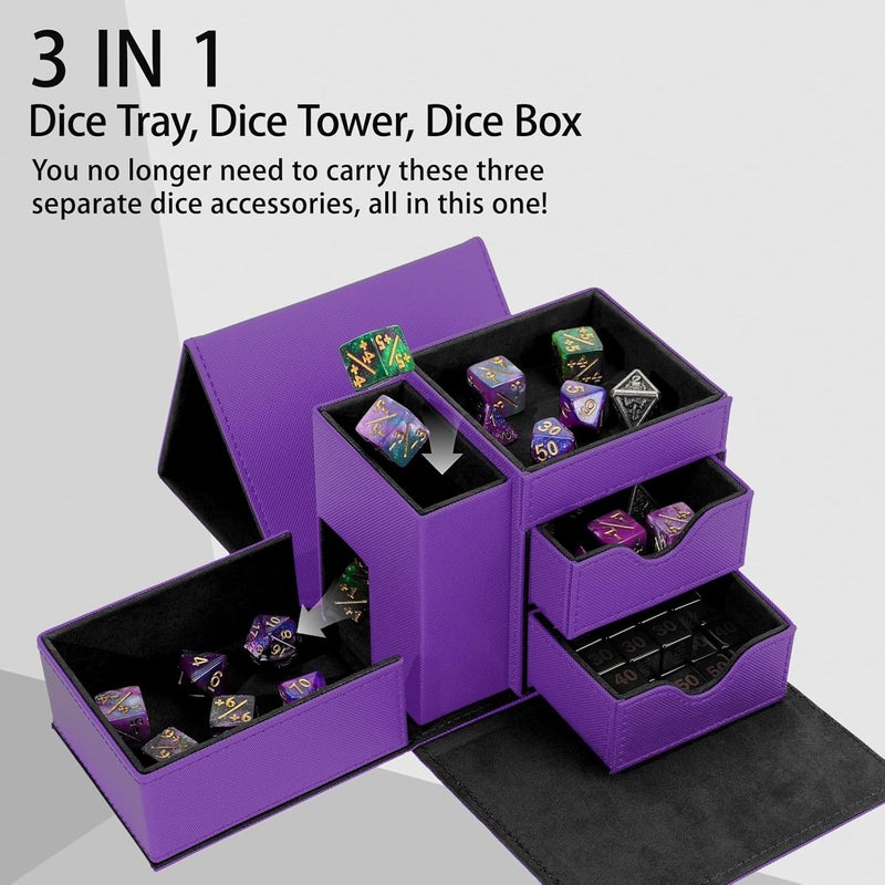 Stepane Dice Tray & Dice Tower Storage Box, 3 in 1 Dice Holder Case (Dice Rolling Tray, Dice Rolling Tower, Dice Storage Drawers), Leather Magnetic Closure DND Accessories Gifts for RPG MTG, Violet/Black - Image 2